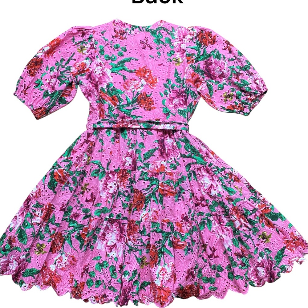 Gibson Latimer Pink Floral Eyelet Dress Small Cotton Puff Sleeve Tiered Midi - Picture 12 of 13